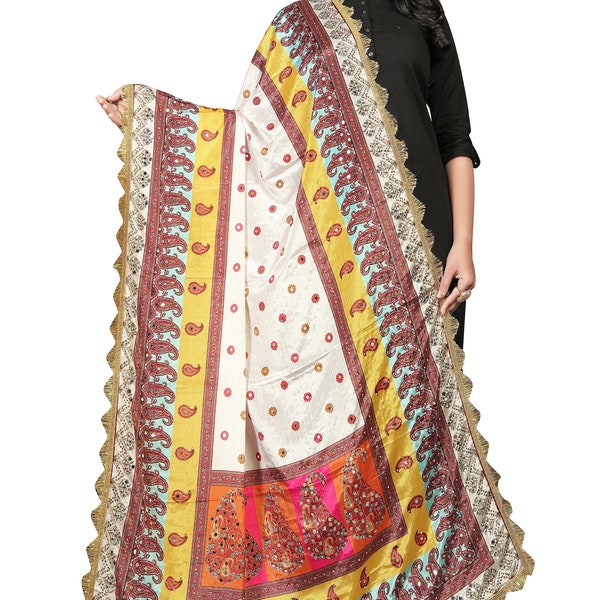 Ladies' Handmade Traditional Party Wear Mirror Work Dupattas Ivory,Hot Pink,Orange & Multi Color