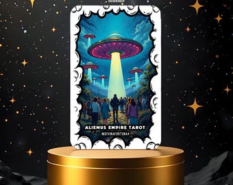 Könnte beinhalten: Eine Tarotkarte mit einer farbenfrohen Illustration von fliegenden Untertassen und einer Gruppe von Menschen, die nach oben schauen. Die Karte trägt den Titel "Alienus Empire Tarot" mit dem Social-Media-Handle "@divinafortuna44".