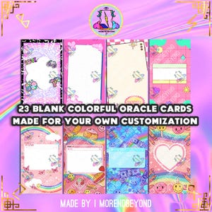 May include: A collection of 23 blank, colorful oracle cards with various designs, including rainbows, smiley faces, and butterflies. The cards are made for customization and feature the text "23 BLANK COLORFUL ORACLE CARDS MADE FOR YOUR OWN CUSTOMIZATION."