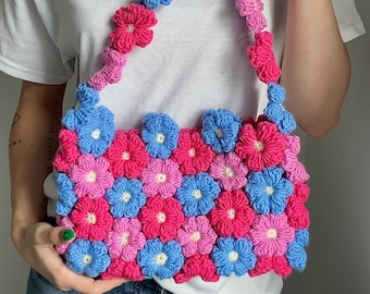 かぎ針編みのパフフラワーハンドバッグパターン I かぎ針編みの