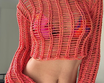 Patrón de top corto de malla a crochet, bolero de manga larga (patrón PDF)
