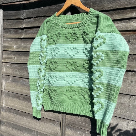 CROCHET SWEATER PATTERN - Two Shades of Green - Bobble Heart