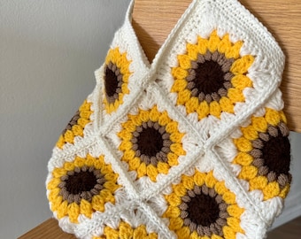 かぎ針編みのひまわりトートバッグのパターン、おばあちゃんの