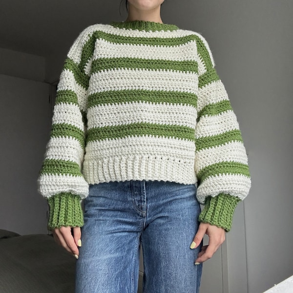 Chunky Striped Crochet Sweater Pattern I Beginner Friendly Crochet Pullover Pattern I Long Sleeve Top