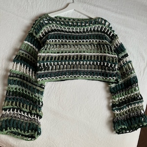 Sage green Open-Knit Crochet Full Sleeve Crop Shrug