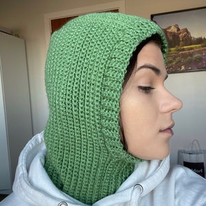 May include: A green crocheted hooded neck warmer or balaclava. The hood is pulled up over the person's head.