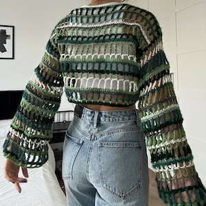 Crochet Cropped Long Sleeve Shrug Pattern I Crochet Mesh Sweater Top Pattern I Multi Stitch Pullover Pattern PDF I Kenikse Crochet image 3