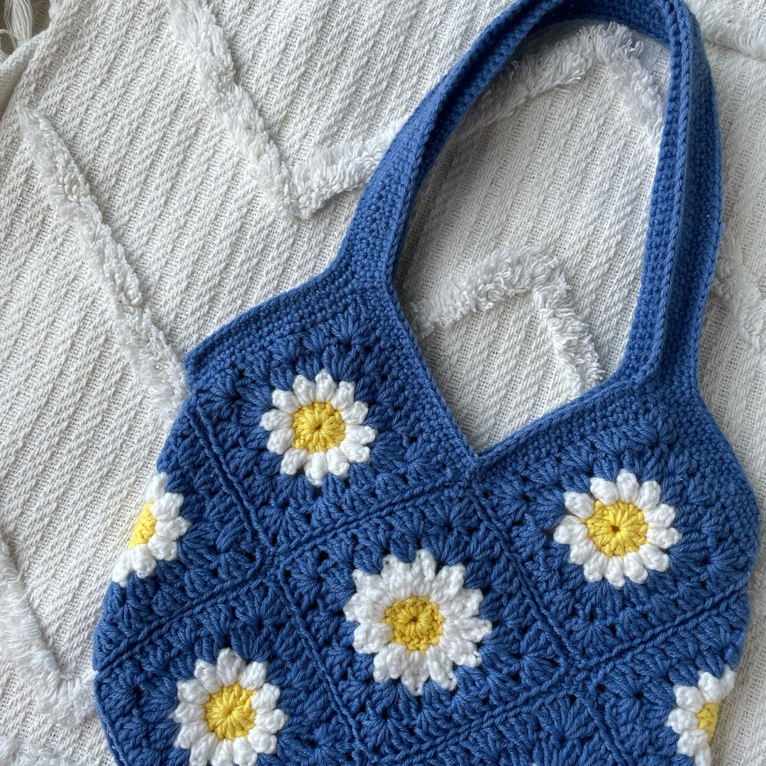 Crochet Tote Bag Pattern, Granny Square Daisy Flower Bag
