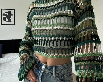 Gehaakt cropped schouderophalend patroon met lange mouwen I Gehaakt mesh trui-toppatroon I Multi Stitch Pullover-patroon PDF I Kenikse haakwerk