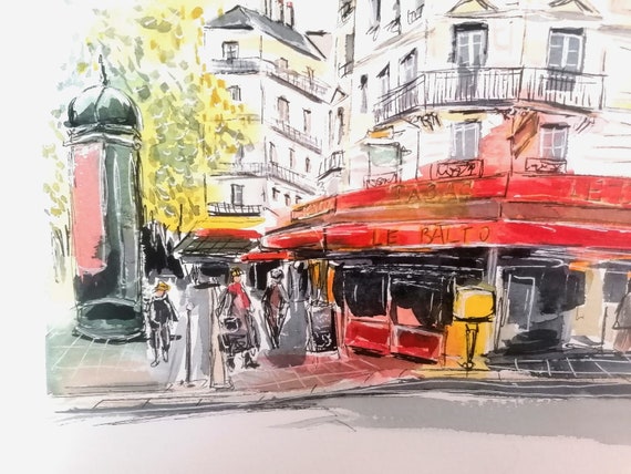 パリのカフェ水彩画原画 #5 - パリの街並み、旅行ギフト、フランスの