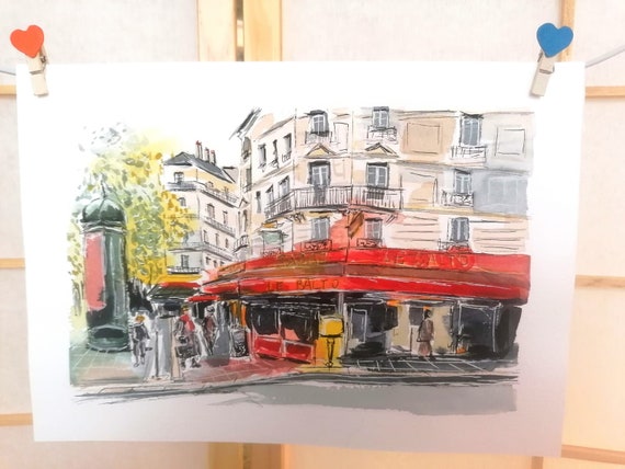 原画#3271 雨 花 パリ フランス 水彩画 ドローイング インテリア