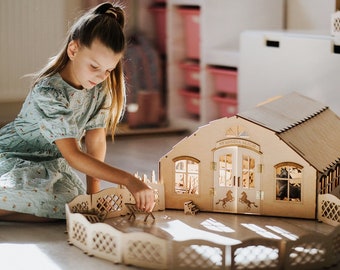 Wooden stable 12 stalls +Personalization+ accessories + LED lighting– compatible Schleich Collecta Breyer  FULLY ASSEMBLED