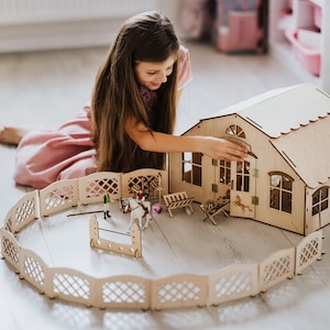 Wooden stable for horses 10 boxes - 41 PARTS + lighting. Schleich Collecta, Breyer - 16 pieces of fencing