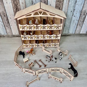 Parapet stable set, 18 stalls Horse stable, Wooden toy barn, Pferdestall Holz accessories lighting for Collecta, Papo, Schleich image 7