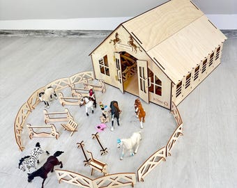 Wooden stable 12 stalls +Personalization+ accessories + LED lighting– compatible Schleich Collecta Breyer  FULLY ASSEMBLED