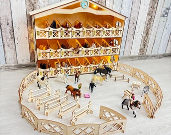 Scuderia in legno Schleich, Papo, Collecta, Breyer con 24 box + illuminazione + 54 accessori, giocattolo pronto all'uso, regalo