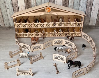 Wooden stable 22 stalls +Personalization+ accessories + LED lighting– compatible Schleich Collecta Breyer  FULLY ASSEMBLED