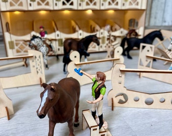 Wooden Wall Horse Stable: 36 Stalls, Lighting, 54 Accessories