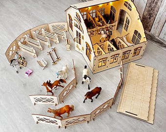 Wooden horse play set 8 seats + lighting + 54 accessories, fits Schleich, Breyer, Collecta, Papo