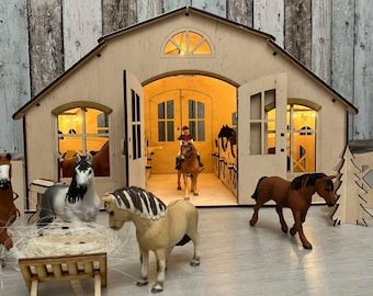 Wooden Horse Stable With Lighting: Fits Schleich, Collecta, Breyer