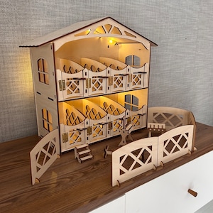 Wooden Horse Stable with Lighting: 8 Stalls, Miniature Scale