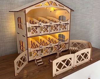 Wooden stable 8 stalls +Personalization+ accessories + LED lighting– compatible Schleich Collecta Breyer  FULLY ASSEMBLED