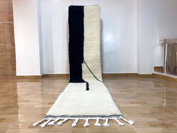 Handmade Wool Runner Rug – Black and White Beni Ourain Moroccan Carpet