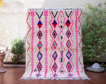 Handmade Azilal Berber Rug 5x7 ft – Pink & Blue Moroccan Wool Carpet