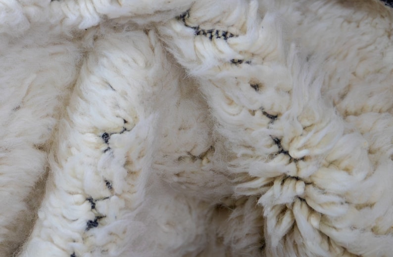 May include: Close-up of a cream-colored, fluffy rug with a textured surface. The rug has a dense pile and is woven with black stitching, creating a subtle pattern. The rug appears soft and inviting.