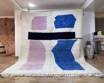 Handmade Beni Ourain Wool Rug – Abstract Berber Design, Blue Pink Black