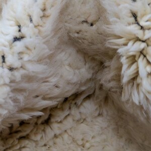 May include: Close-up of a cream-colored, fluffy rug with a thick pile. The rug has a textured surface with small, dark flecks scattered throughout. The fibers are soft and appear to be made of wool.