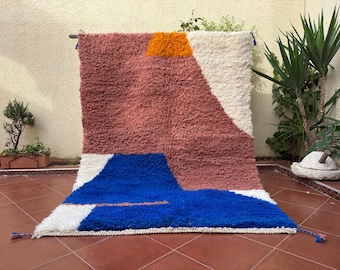 Alfombra marroquí de lana hecha a mano – Alfombra Beni Ourain colorida – Lana terracota, azul y blanca – Alfombra bereber abstracta moderna – Decoración de área de lana suave