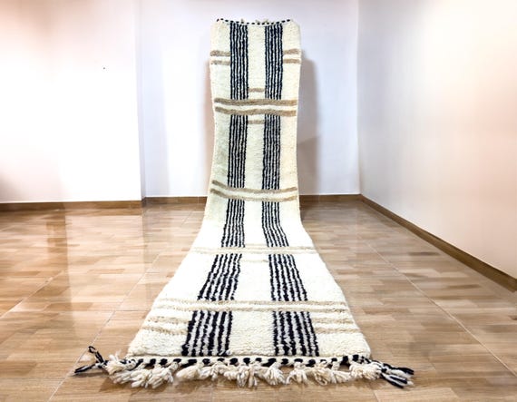 Black and white Runner, White and Brown Rug Runner, Handmade Abstract Hallway Rug, Authentic Moroccan Wool Rug, Wool Berber long Runner Rug