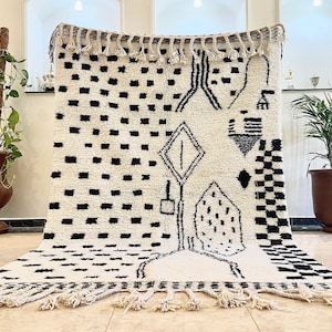 Moroccan berber carpet, Beni Ourain rug,black and white wool rug, Handwoven carpet, tapis berbere, Wool Area Rug, boho rug,Teppich, handmade