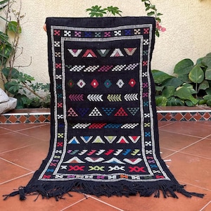 Black Moroccan Berber Rug 2x3 ft - Handmade Wool Kilim Carpet, Small Tribal Area Rug, Authentic flatweave Moroccan Wool Boho Decor