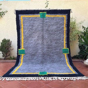 Ready to Ship Gray Beni Ourain Rug 6.4x10 ft - Modern Moroccan Wool Carpet - Berber Handmade Area Rug - Black Border Living Room Decor