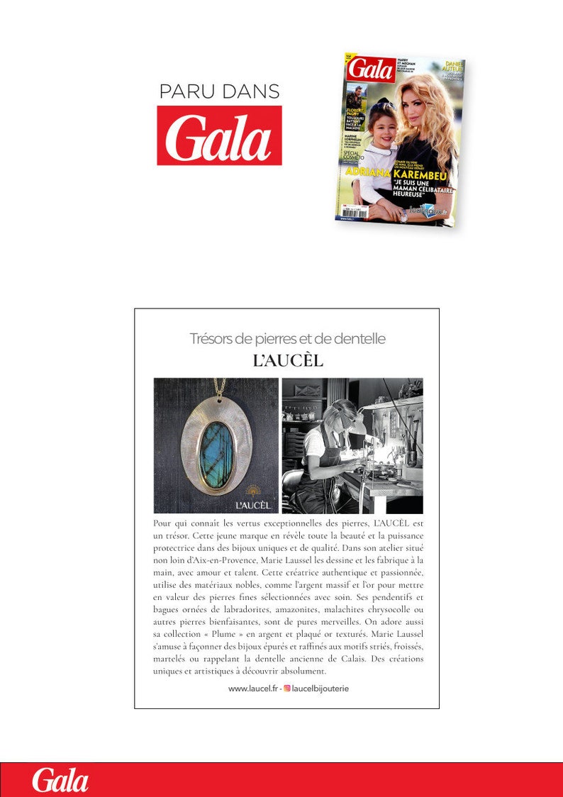 May include: A silver pendant necklace with a blue-green stone set in a silver oval. The pendant is on a silver chain. The image is from a magazine article about the jewellery brand L'Au&ccedil;el.