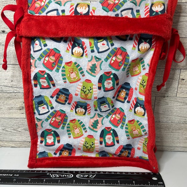 Holiday Sweaters Reusable Gift Bag, Reversible, Hand Crafted, Machine Washable, Tie Down Top, Flexible, One of a Kind