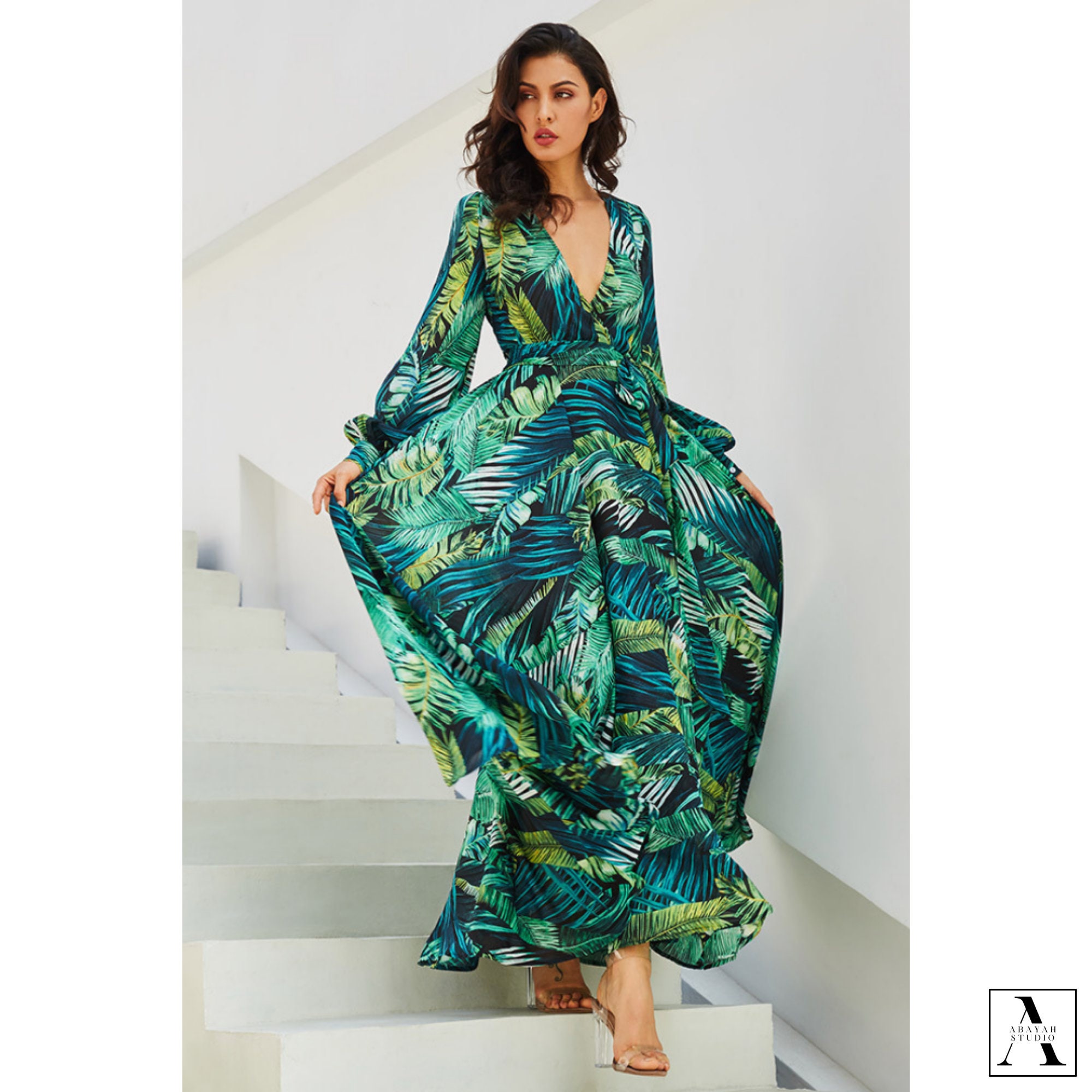 Green Tropical Print Maxi Dress image