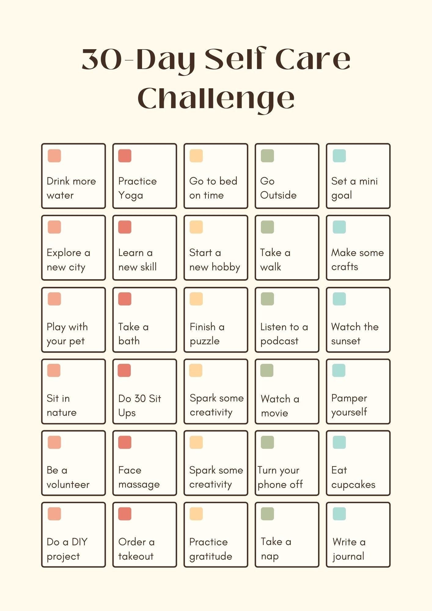30 Day Selfcare Challenge Calendar Monthly Etsy