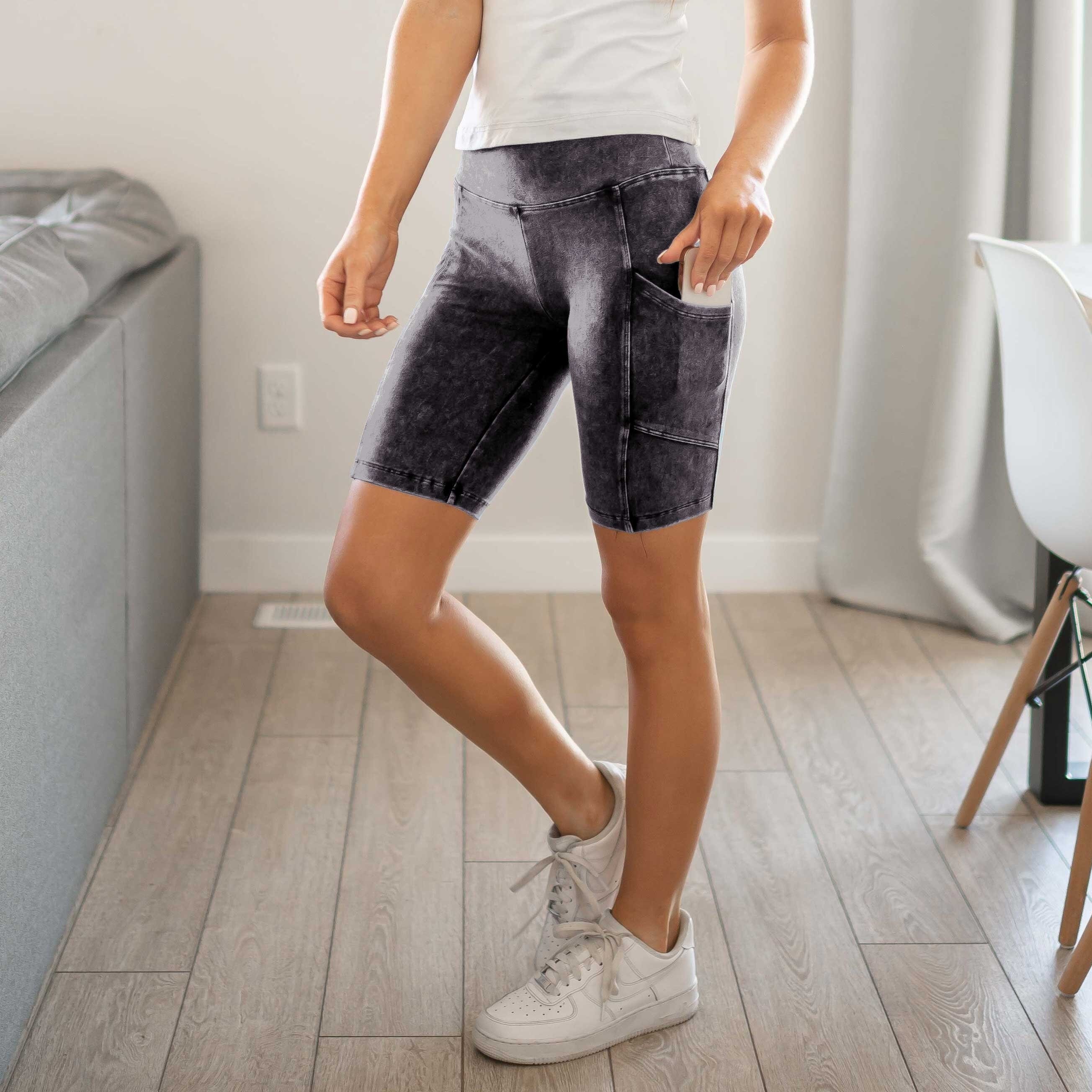 Womens Biker Shorts Mineral Wash Pocket 
