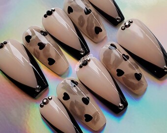 NOIR LOVE | romantic black v-cut french tip press on gel nails | Includes application kit!