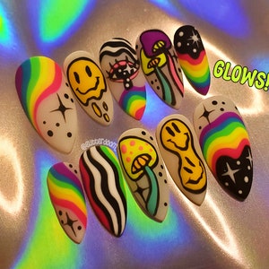 NEON TRIP | glow in the dark | trippy neon rainbow press on nails | Includes application kit!