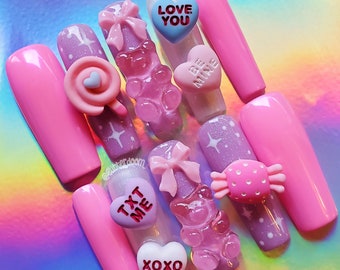 SWEETIE | pink pastel candy hearts press on gel nails | Includes application kit!