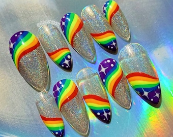 HOLO PRIDE | holographic pride rainbow press on gel nails | Includes application kit!