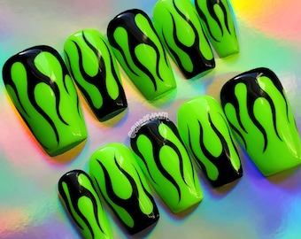 ELECTRIC | neon green and black flame press on gel nails | Includes application kit!
