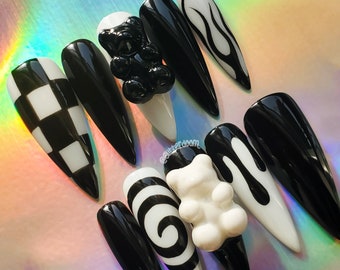 MONOCHROME GUMMIES | black and white gummy bear press on gel nails | Includes application kit!