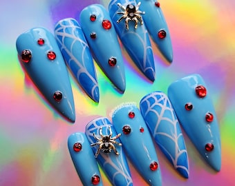 DELICATE | blue spider themed press on gel nails | Includes application kit!
