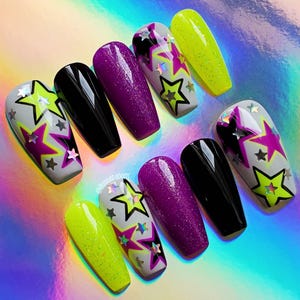ENBY ROCKSTAR | Unhas postiças de gel com design de estrela nas cores do orgulho não-binário | Inclui kit de aplicação!