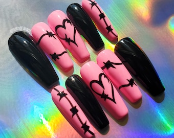 BARBED WIRE BABY | cute pink and black barbed wire press on gel nails | Includes application kit!